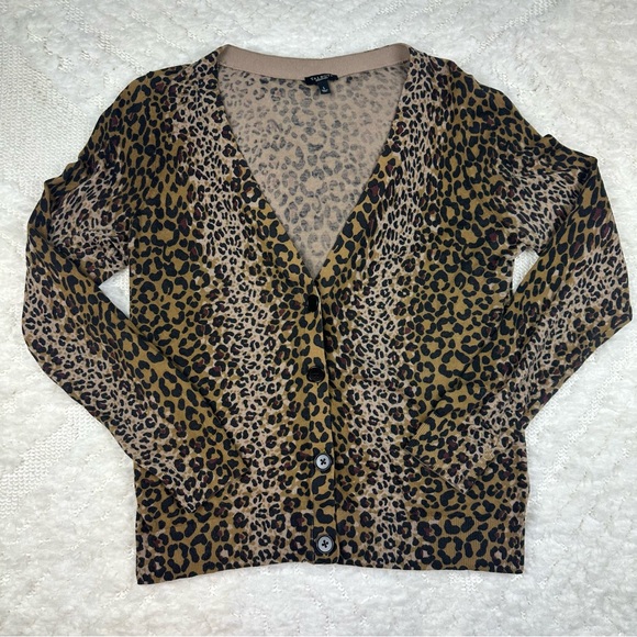 Talbots Cardigan Sweater Womens Sz Large Brown Black Leopard Print Wool Blend - Picture 1 of 7
